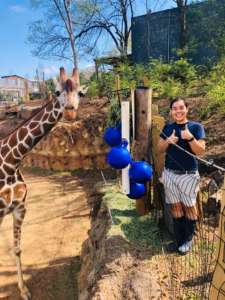 a Zoo staff member smiles with a giraffe