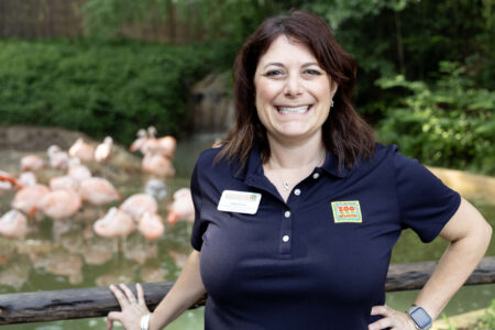 Dr. Ferrie poses in front of the flamingo habitat