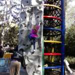 A girl climbs a rock wall climbing structure in the Zoo.