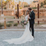 Wedding couple in African Savanna with elephant